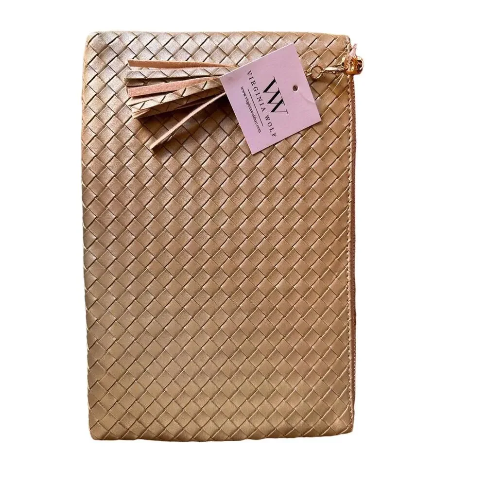 Virginia Wolf Leather Metallic Gold Woven Clutch Cosmetic Bag NWT